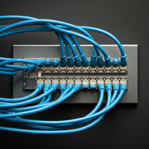 Neat patch panel with blue cables